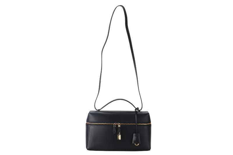 LORO PIANA EXTRA BAG L27 BLACK COLOR (8000) SMOOTH CALFSKIN GOLD HARDWARE WITH DUST COVER AND BOX