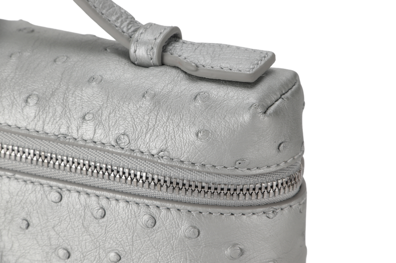 LORO PIANA EXTRA POCKET L19 SILVER COLOR OSTRICH LEATHER SILVER HARDWARE WITH STRAP,  DUST COVER AND BOX