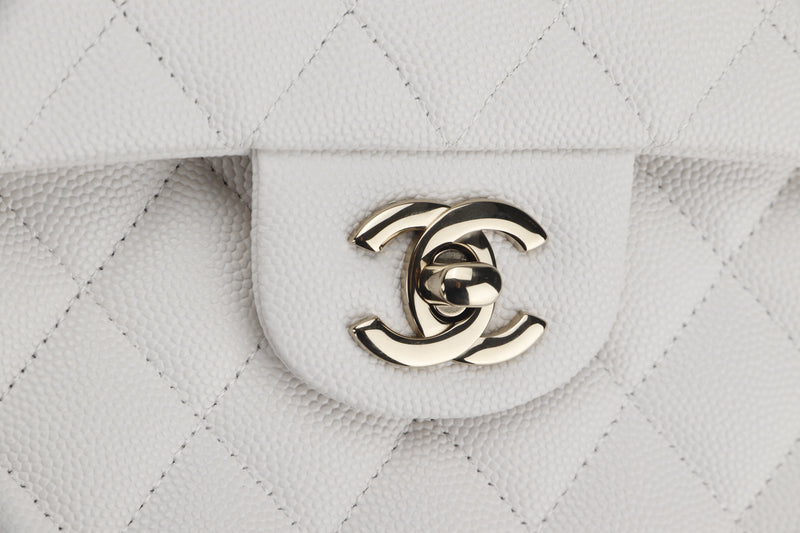 Chanel White Caviar Leather Medium Classic Flap Bag with Silver Hardware