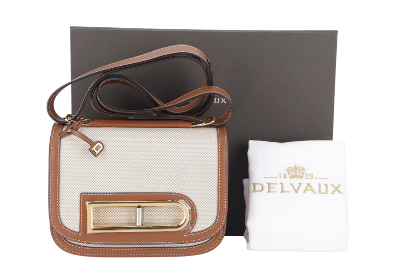 DELVAUX LINGOT CANVAS NATURAL TAN DORE GOLD SHOULDER BAG WITH DUST COVER AND BOX