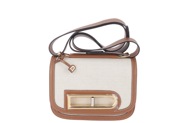 DELVAUX LINGOT CANVAS NATURAL TAN DORE GOLD SHOULDER BAG WITH DUST COVER AND BOX