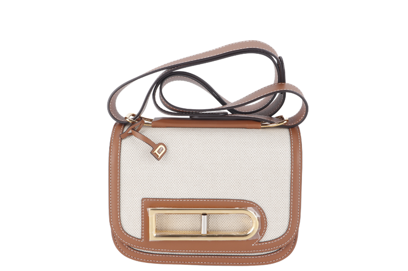 DELVAUX LINGOT CANVAS NATURAL TAN DORE GOLD SHOULDER BAG WITH DUST COVER AND BOX