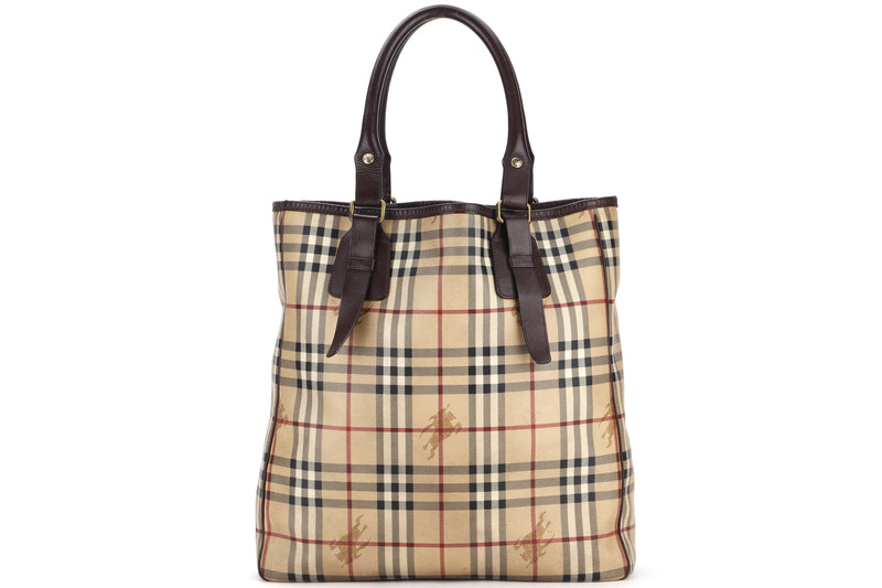 BURBERRY CHECKED BROWN LEATHER SHOULDER TOTE, NO DUST COVER