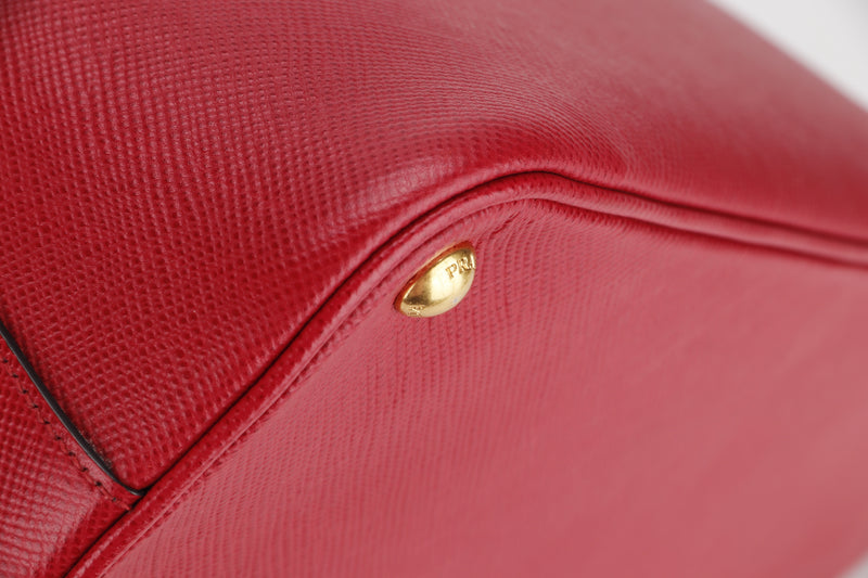 PRADA CONVERTIBLE DOME SATCHEL LARGE RED SAFFIANO LEATHER GOLD HARDWARE, WITH CARD, STRAP & DUST COVER