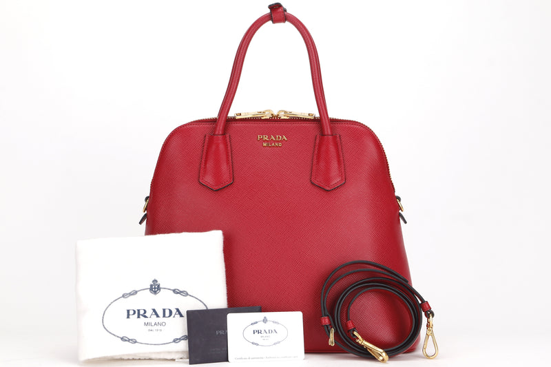 PRADA CONVERTIBLE DOME SATCHEL LARGE RED SAFFIANO LEATHER GOLD HARDWARE, WITH CARD, STRAP & DUST COVER