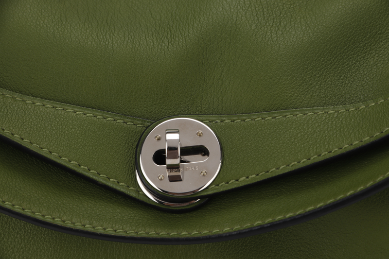 HERMES LINDY 34CM GREEN PELOUSE SWIFT LEATHER WITH SILVER HARDWARE STAMP M YEAR 2009 WITH DUST COVER AND BOX