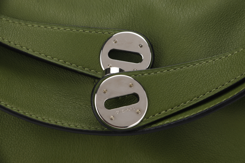 HERMES LINDY 34CM GREEN PELOUSE SWIFT LEATHER WITH SILVER HARDWARE STAMP M YEAR 2009 WITH DUST COVER AND BOX