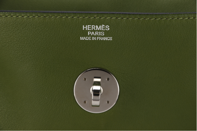 HERMES LINDY 34CM GREEN PELOUSE SWIFT LEATHER WITH SILVER HARDWARE STAMP M YEAR 2009 WITH DUST COVER AND BOX