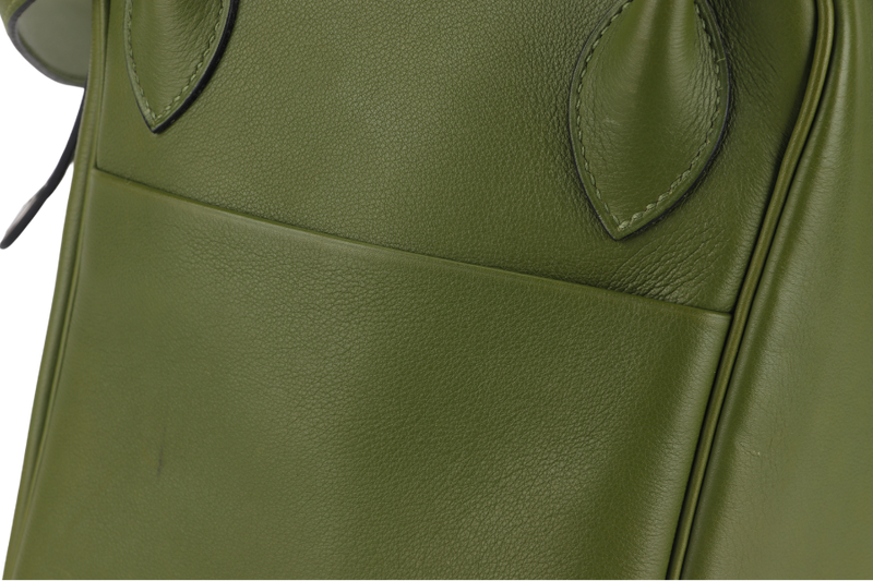 HERMES LINDY 34CM GREEN PELOUSE SWIFT LEATHER WITH SILVER HARDWARE STAMP M YEAR 2009 WITH DUST COVER AND BOX