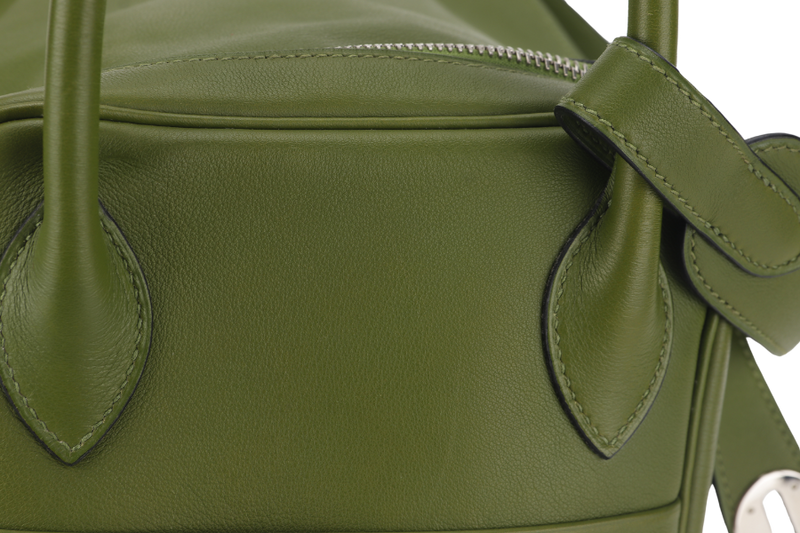 HERMES LINDY 34CM GREEN PELOUSE SWIFT LEATHER WITH SILVER HARDWARE STAMP M YEAR 2009 WITH DUST COVER AND BOX