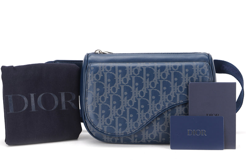 CHRISTIAN DIOR WORLD TOUR SADDLE BELT BAG (21BO.0241) DIOR HOMME OBLIQUE MONOGRAM & SGN NAVY BLUE GALAXY CALF LEATHER BRUSH SILVER HARDWARE, WITH DUST COVER