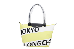 LONGCHAMP LE PLIAGE SHOPPING MODELE DEPOSE TOKYO LONGCHAMP YELLOW & WHITE NYLON, BLACK LEATHER HANDLE SILVER HARDWARE, NO DUST COVER