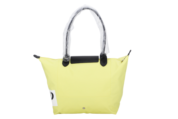 LONGCHAMP LE PLIAGE SHOPPING MODELE DEPOSE TOKYO LONGCHAMP YELLOW & WHITE NYLON, BLACK LEATHER HANDLE SILVER HARDWARE, NO DUST COVER