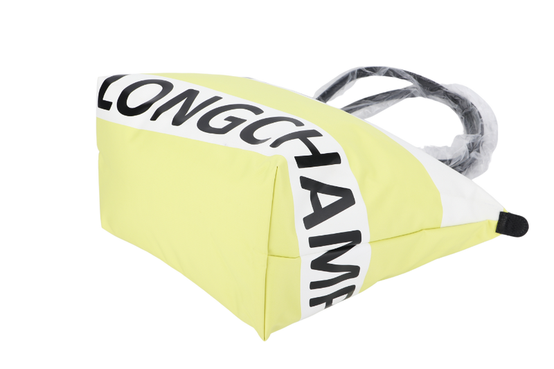 LONGCHAMP LE PLIAGE SHOPPING MODELE DEPOSE TOKYO LONGCHAMP YELLOW & WHITE NYLON, BLACK LEATHER HANDLE SILVER HARDWARE, NO DUST COVER