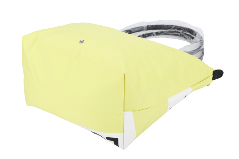 LONGCHAMP LE PLIAGE SHOPPING MODELE DEPOSE TOKYO LONGCHAMP YELLOW & WHITE NYLON, BLACK LEATHER HANDLE SILVER HARDWARE, NO DUST COVER