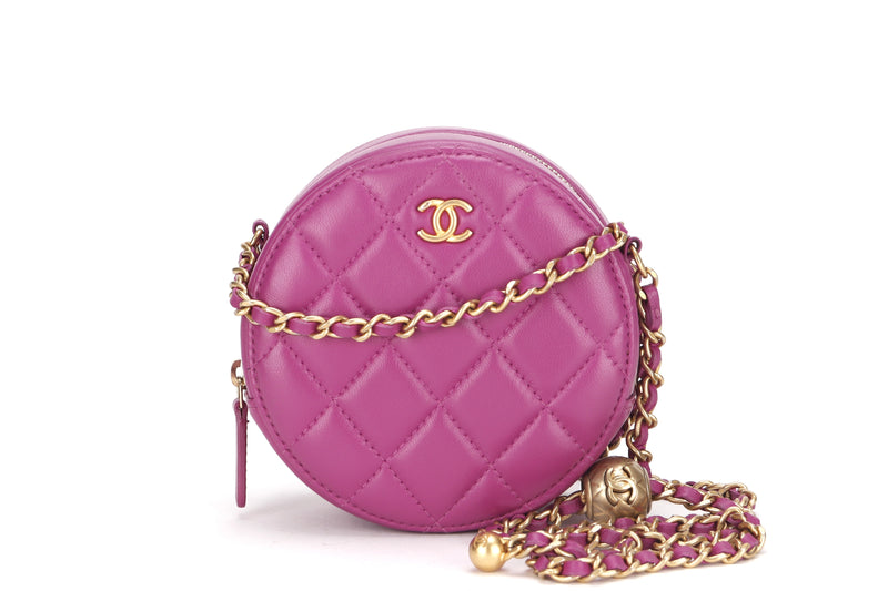 CHANEL PEARL CRUSH ROUND CLUTCH WITH CHAIN (3086xxxx) PURPLE LAMBSKIN GOLD HARDWARE, WITH CARD, DUST COVER & BOX