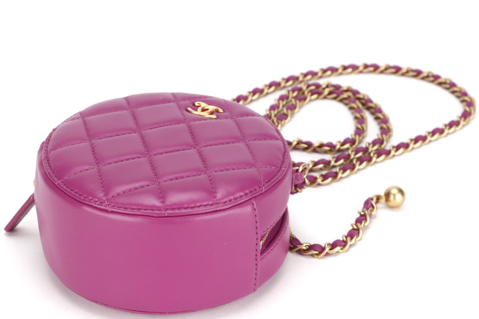 CHANEL PEARL CRUSH ROUND CLUTCH WITH CHAIN 3086xxxx PURPLE LAMBSKIN GOLD HARDWARE WITH CARD DUST COVER BOX