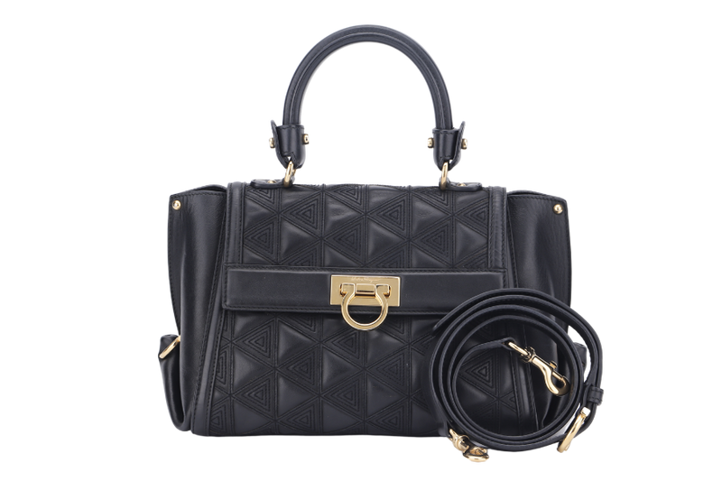 SALVATORE FERRAGAMO SOFIA TOP HANDLE MEDIUM BLACK SATCHEL LEATHER GOLD HARDWARE, WITH STRAP, NO DUST COVER