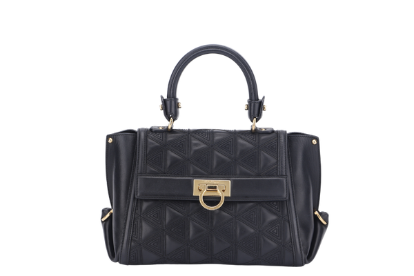 SALVATORE FERRAGAMO SOFIA TOP HANDLE MEDIUM BLACK SATCHEL LEATHER GOLD HARDWARE, WITH STRAP, NO DUST COVER