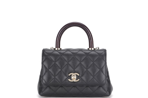CHANEL COCO HANDLE MINI FLAP LIZARD EMBOSSED HANDLE (MICROCHIP NCK6xxxx) BLACK CAVIAR QUILTED GOLD HARDWARE, WITH CHAIN & DUST COVER