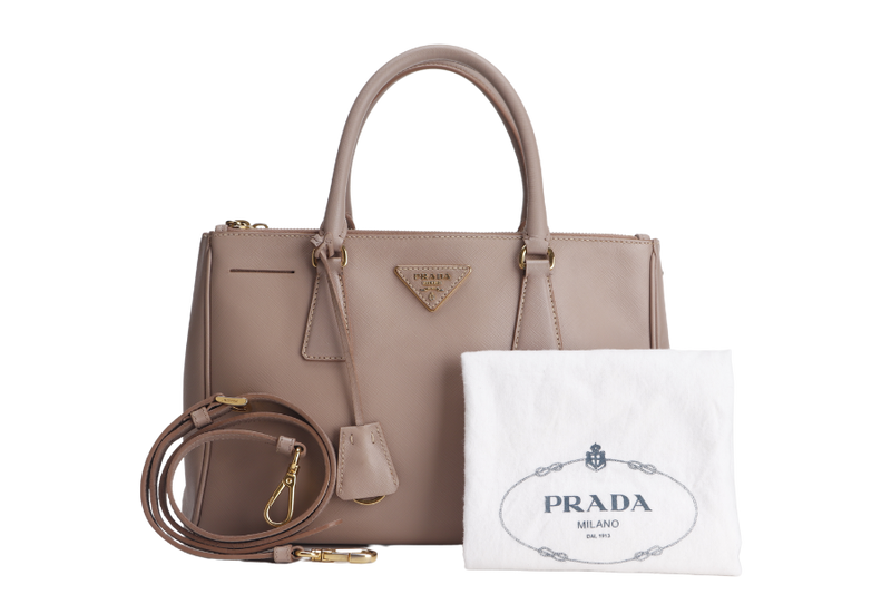 PRADA SMALL GALLERIA 2WAY USE TOTE BAG BEIGE SAFFIANO LEATHER GOLD HARDWARE WITH DUST COVER, NO CARD