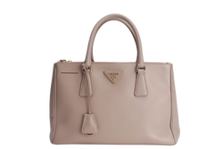 PRADA SMALL GALLERIA 2WAY USE TOTE BAG BEIGE SAFFIANO LEATHER GOLD HARDWARE WITH DUST COVER, NO CARD