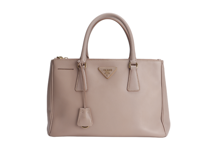 PRADA SMALL GALLERIA 2WAY USE TOTE BAG BEIGE SAFFIANO LEATHER GOLD HARDWARE WITH DUST COVER, NO CARD