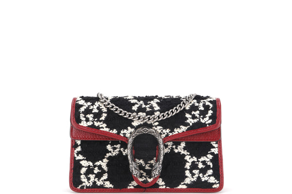 GUCCI SUPER MINI DIONYSUS (476432.0416) BLACK TWEED RED LEATHER TRIM SILVER HARDWARE, WITH CHAIN, NO DUST COVER