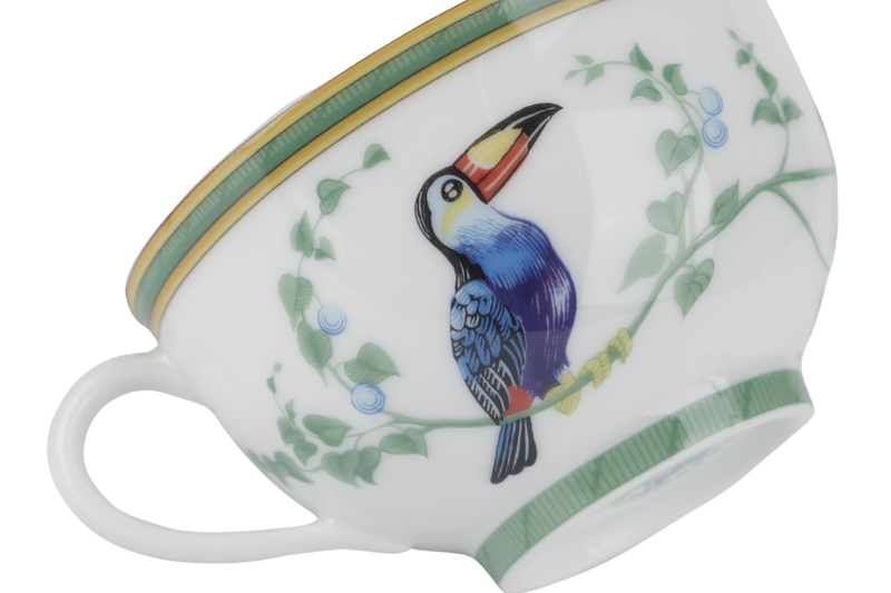 HERMES TOUCANS DÉCOR PORCELAIN TEA CUP AND SAUCER SET OF 2 WITH BOX