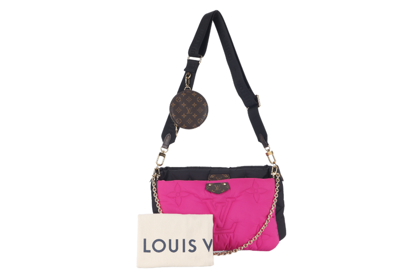 LOUIS VUITTON MAXI MULTI POCHETTE (M58980) BLACK AND FUCHSIA NYLON PILLOW MONOGRAM WITH GOLD CHAIN , STRAP WITH DUST COVER