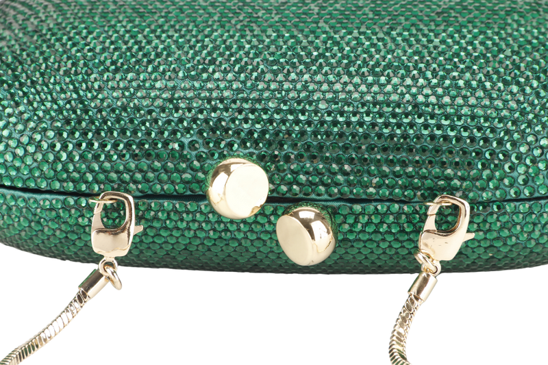 THE CHIC INITIATIVE GREEN CRYSTAL CLUTCH SILVER HARDWARE WITH DUST COVER AND BOX