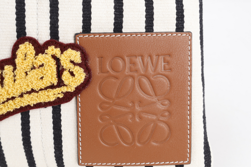 LOEWE PAULA'S IBIZA STRIPE PATCH DRAWSTRING BAG BROWN LEATHER TRIM WITH DUST COVER