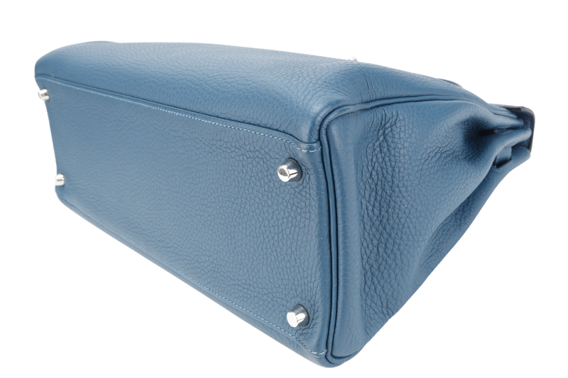 HERMES KELLY 35 BLUE COLVERT CLEMENCE LEATHER SILVER HARDWARE STAMP Q (YEAR 2013) WITH STRAPS, KEYS & LOCK , BOX AND PAPER BAG (NO DUST COVER)
