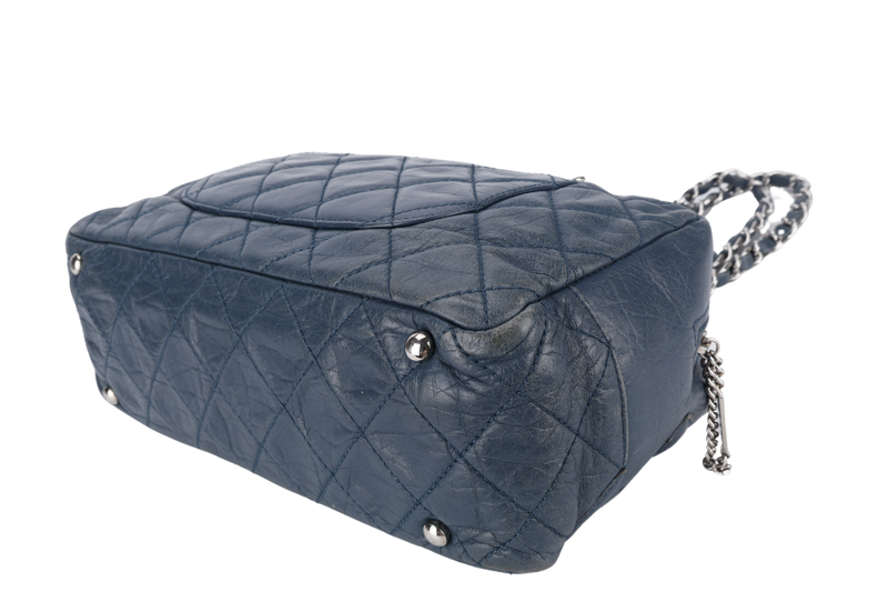 CHANEL CLUB BOWLER BAG (1138xxxx) BLUE CALFSKIN QUILTED COTTON LEATHER SILVER HARDWARE NO DUST COVER