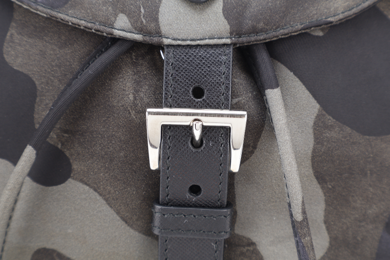 PRADA BZ0032 TESSUTO CAMOUFLAGE PATTERN GREEN BACKPACK WITH SILVER HARDWARE WITH CARD, NO DUST COVER