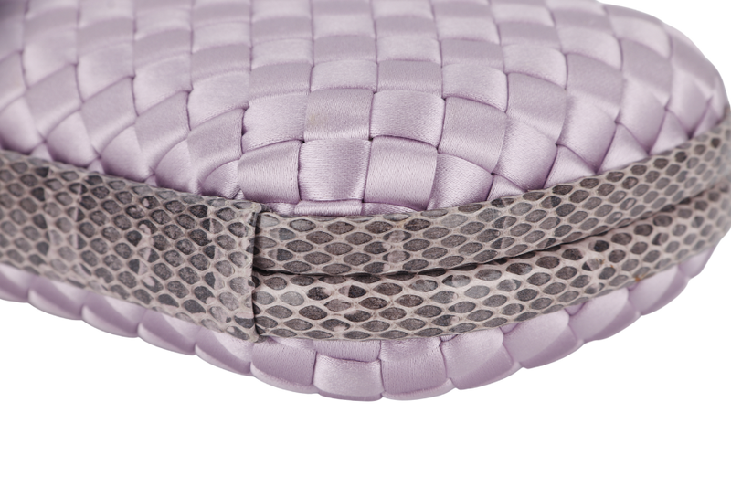 BOTTEGA VENETA KNOT CLUTCH MEDIUM LILAC SATIN BLACK HARDWARE WITH DUST COVER