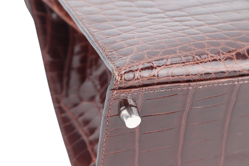 HERMES KELLY 32 SELLIER DARK BROWN SHINY NILOTICUS SILVER HARDWARE STAMP P (YEAR 2012) WITH KEYS, LOCK, STRAPS, RAINCOAT WITH DUST COVER