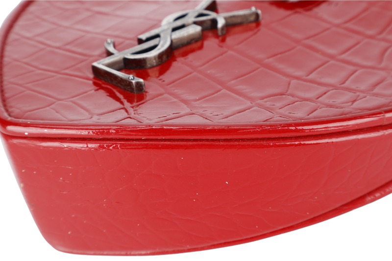 YVES SAINT LAURENT (YSL) PLB BOITE LOVE POCHETTE SMALL RED CROC EMBOSSED LEATHER SILVER HARDWARE WITH CARD AND DUST COVER