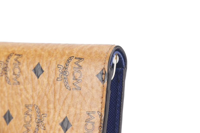 MCM AREN BI FOLD WALLET BROWN-BLUE LEATHER SILVER HARDWARE WITH DUST COVER AND BOX
