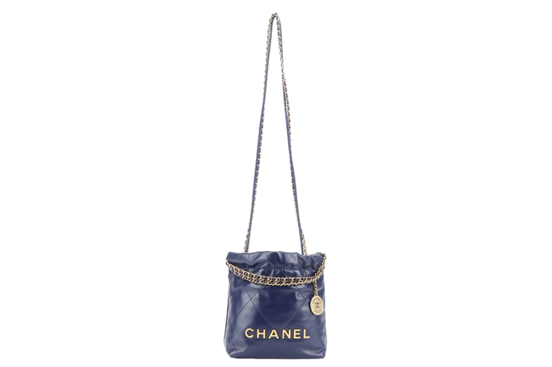 CHANEL MINI 22 (XE8Kxxxx) BLUE SHINY CALF LEATHER GOLD HARDWARE WITH DUST COVER, BOX AND PAPER BAG