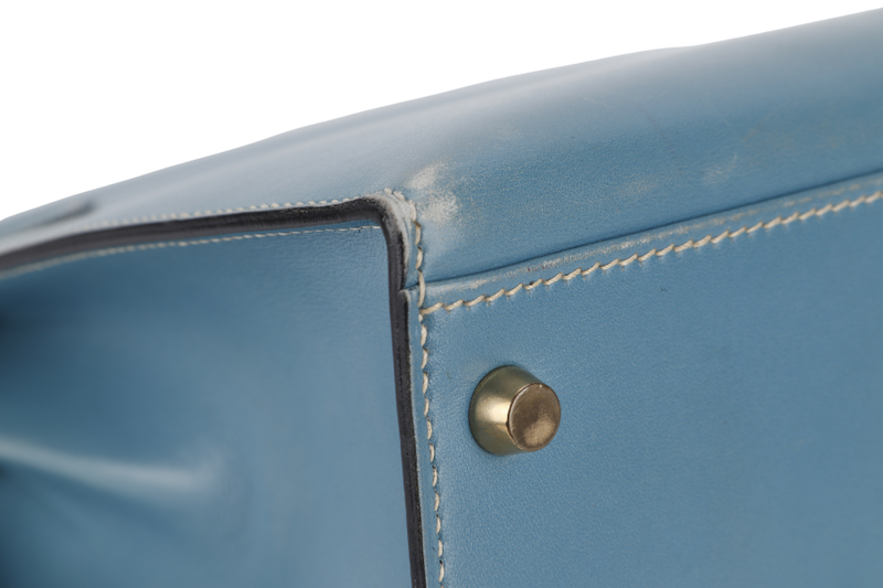 HERMES KELLY 32 STAMP A (YEAR 1997) BLUE JEAN BOX LEATHER GOLD HARDWARE WITH DUST COVER, STRAP , KEYS AND LOCK