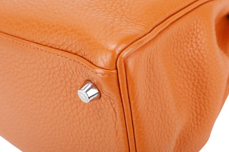 HERMES KELLY 28 RETOURNE ORANGE CLEMENCE LEATHER SILVER HARDWARE STAMP X (YEAR 2016) WITH LONG STRAP, LOCK&KEYS , DUST COVER, RAINCOAT AND BOX