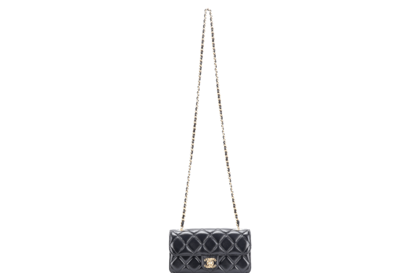 CHANEL QUILTED FLAP CLUTCH BAG SHINY BLACK LAMBSKIN GOLD HARDWARE (E210xxxx) WITH DUST COVER, BOX AND PAPER BAG