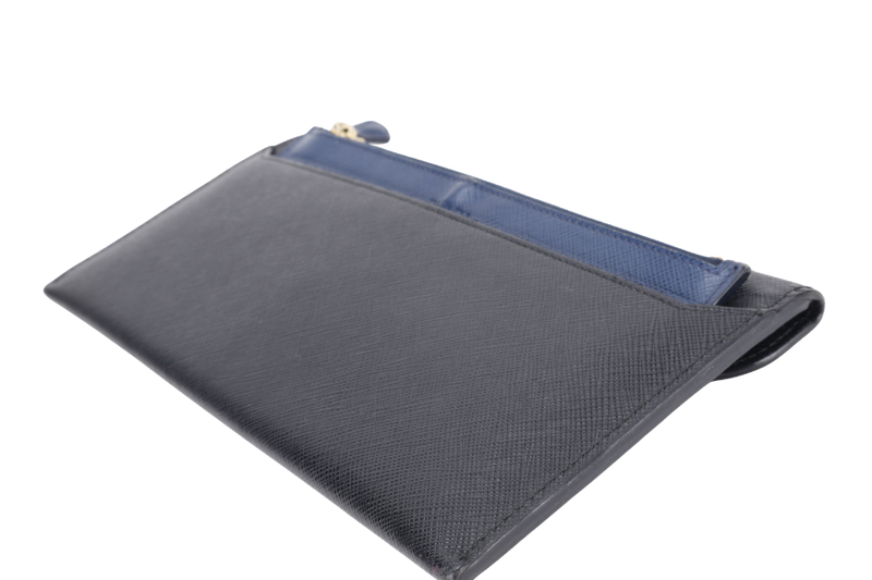 PRADA 1MF006 SAFFIANO LEATHER ENVELOPE CLUTCH BLACK & BLUE WITH CARD AND BOX