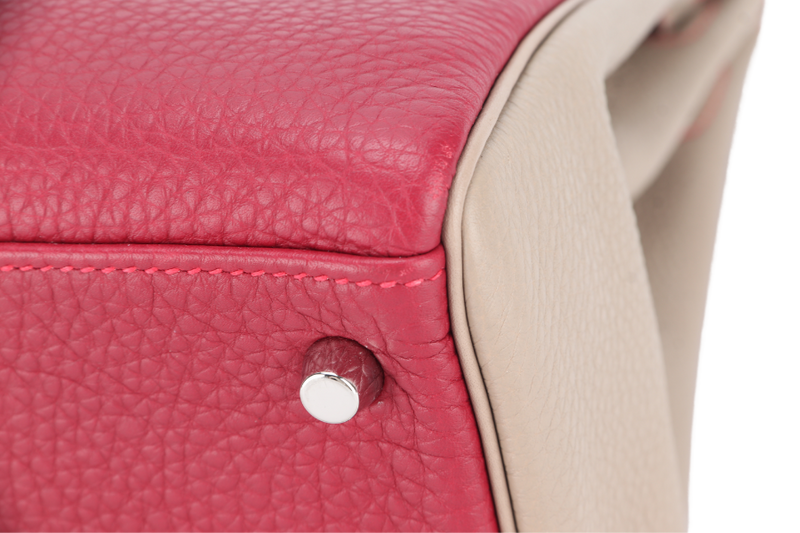 HERMES KELLY 32 HSS VERSO TOSCA AND GRIS T COLOR TOGO LEATHER BRUSHED SILVER HARDWARE STAMP O (YEAR 2011) WITH LOCK, KEYS AND STRAP, NO DUST COVER