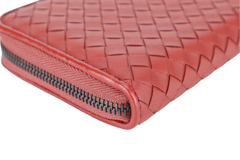 BOTTEGA VENETA INTRECCIATO RED ZIP AROUND WALLET B06817611U WITH DUST COVER AND BOX