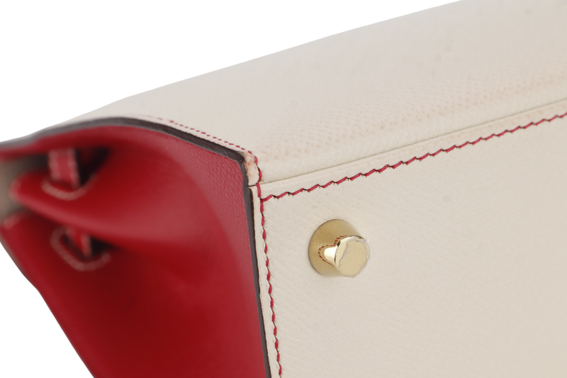 HERMES KELLY 25 HSS SELLIER STAMP D (YEAR 2022) EPSOM CRAIE ROUGE CASAQUE BRUSHED GOLD HARDWARE WITH LOCK&KEYS, RAINCOAT AND DUST COVER