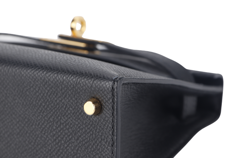 HERMES MINI KELLY (STAMP B) BLACK EPSOM GOLD HARDWARE WITH STRAP, DUST COVER AND BOX