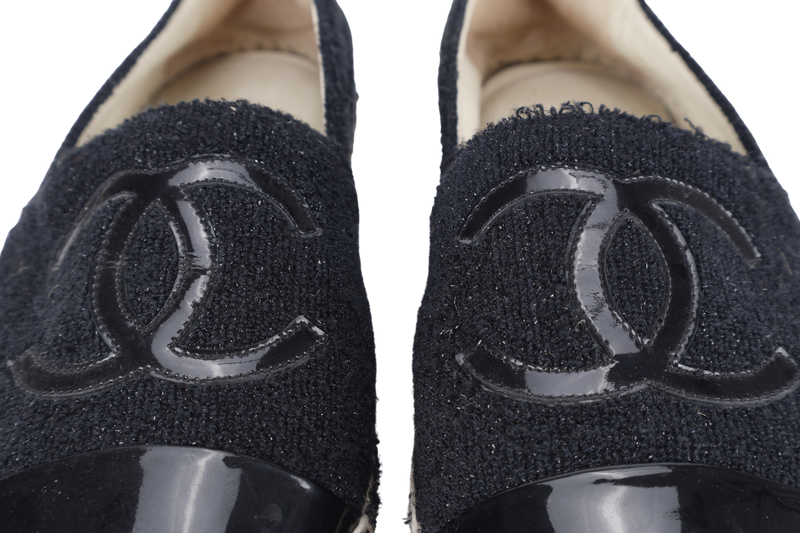 CHANEL ESPADRILLES SHOES BLACK GLITTER TWEED SIZE 38 NO DUST COVER