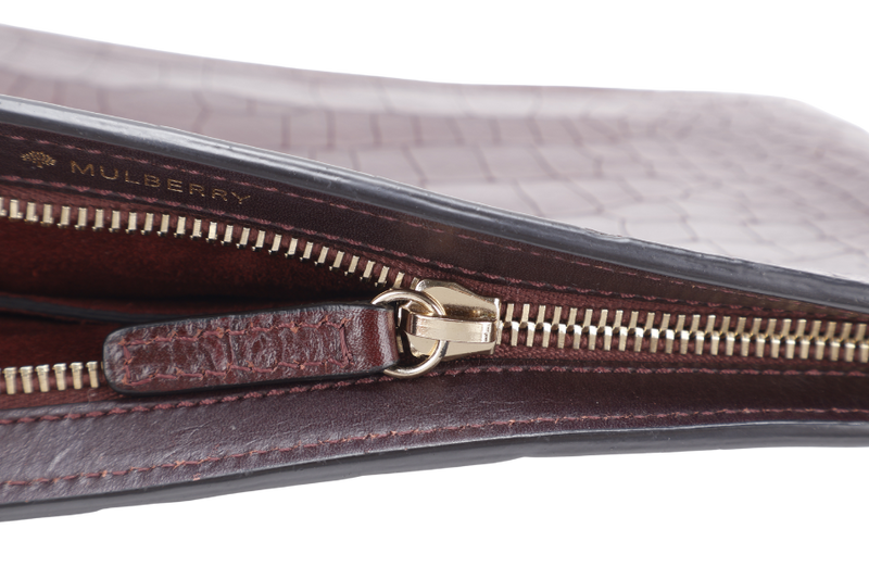 MULBERRY OXBLOOD EMBOSSED CROC LEATHER CLUTCH GOLD HARDWARE WITH DUST COVER